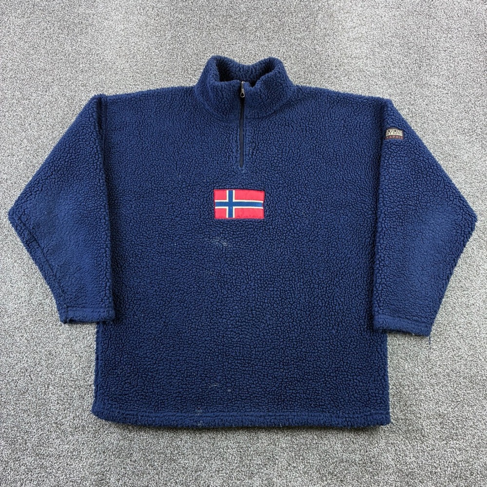 Napapijri Geographic Sweatshirt Mens XL Blue 1/4 Zip Fleece Pullover Flag Logo